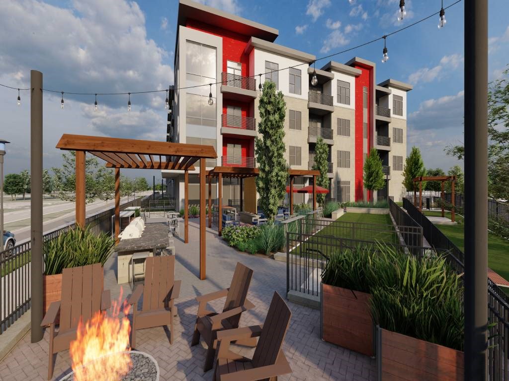 a rendering of an apartment complex with a fire pit  at Avant & Avant II, Carmel, 46032