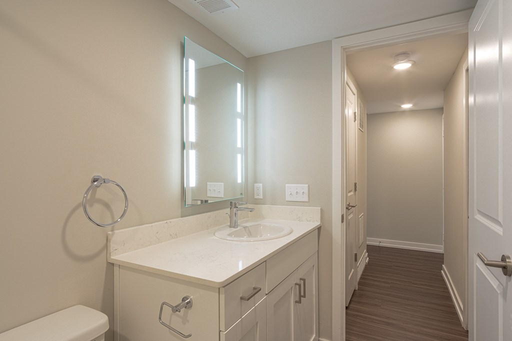 a bathroom with a sink and a mirror at Hillside Apartments, Michigan, 48393