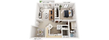 Seville One Bedroom 3D Floor Plan at Irish Hills Apartments, Indiana, 46614