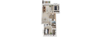 Front-to-Back Two Bedroom 3D Floor Plan at Irish Hills Apartments, South Bend, 46614