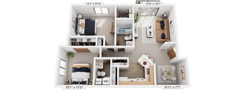 Seville Two Bedroom 3D Floor Plan at Irish Hills Apartments, South Bend, IN, 46614