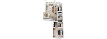 Two Bedroom Walk-thru 3D Floor Plan at Irish Hills Apartments, South Bend, IN