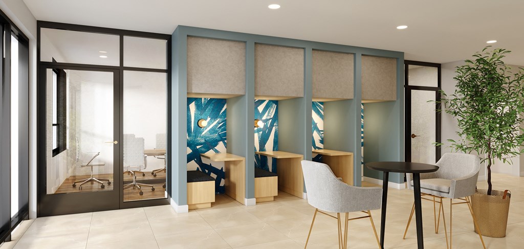 a rendering of a dental office with a blue wall and white chairs at Ironwood Flats, Florida, 33511
