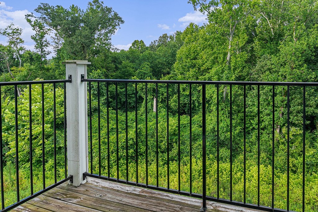 A balcony with a black railing and a wooded view at Limestone Creek Apartment Homes, Madison, AL