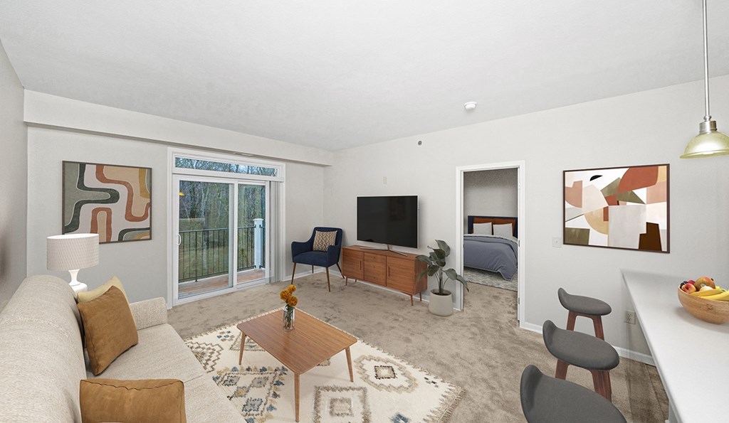 a living room with a couch and 9' ceiling at Limestone Creek Apartment Homes, Madison, AL