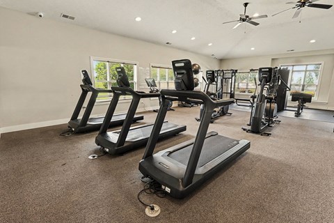 A spacious gym with treadmills and other exercise equipment at Limestone Creek Apartment Homes, 35756