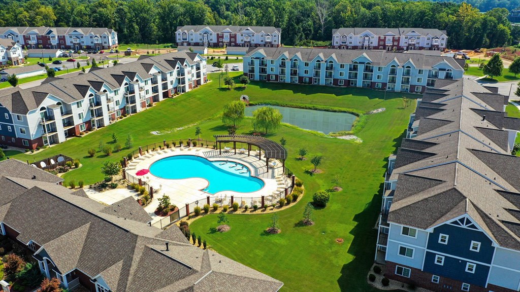 Aerial View of Apartments and Pool at Limestone Creek Apartment Homes, Madison, AL 35756