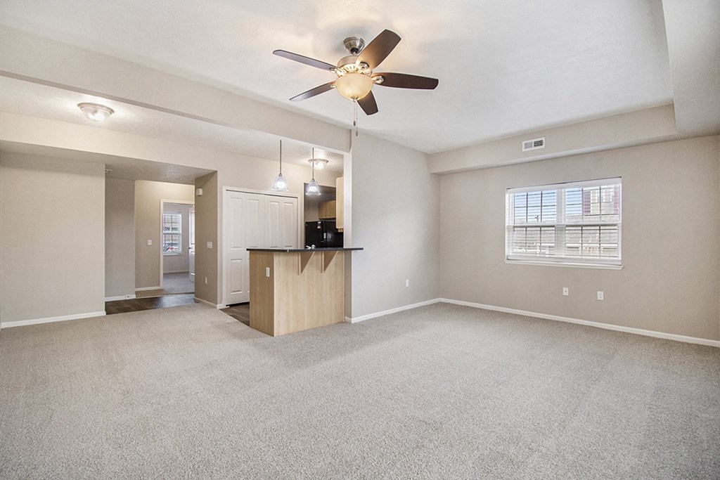 An enlarged living room with a carpeted floor, a ceiling fan, and a window with blinds at Lynbrook Apartments and Townhomes, Elkhorn, NE, 68022
