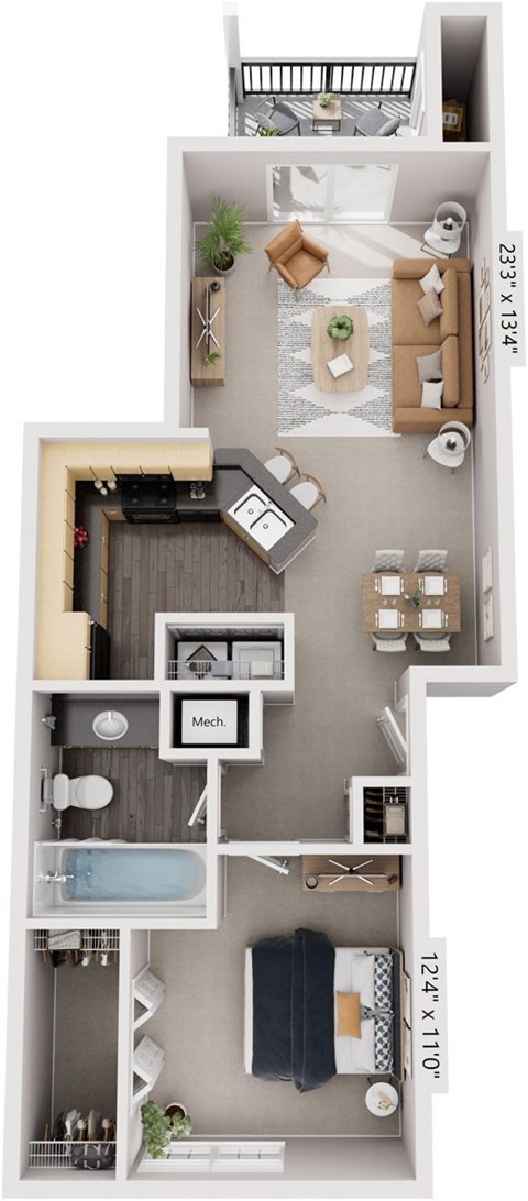 Traditional One Bedroom 3D Floor Plan at Lynbrook Apartment Homes and Townhomes, Elkhorn, NE, 68022