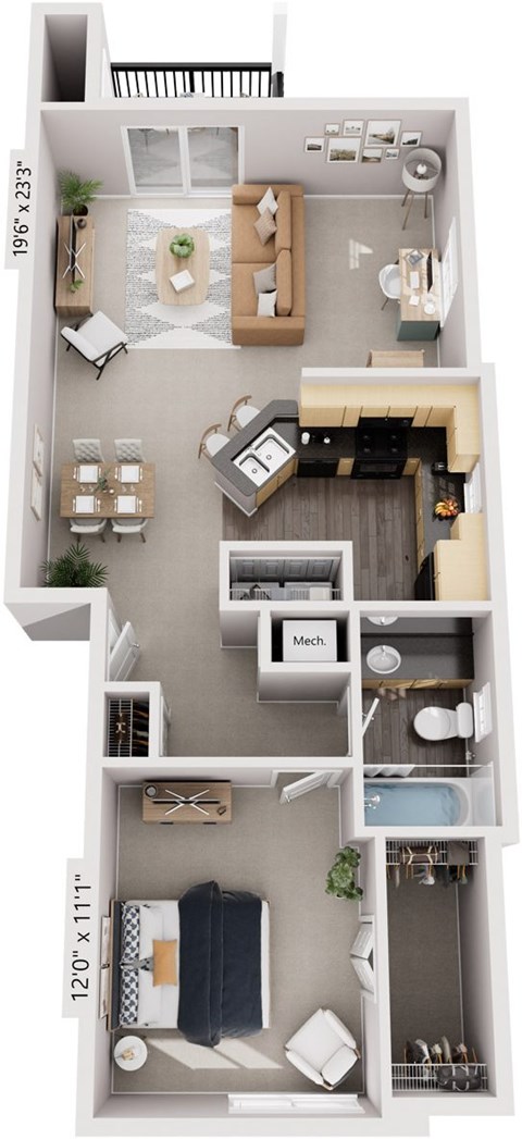 One Bedroom End 3D Floor Plan at Lynbrook Apartment Homes and Townhomes, Elkhorn