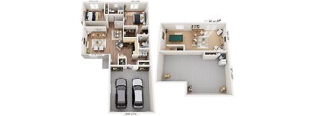 Two Bedroom Ranch 3D Floor Plan at Lynbrook Apartment Homes and Townhomes, Elkhorn, Nebraska