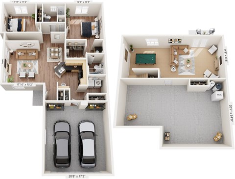 Two Bedroom Ranch 3D Floor Plan at Lynbrook Apartment Homes and Townhomes, Elkhorn, Nebraska