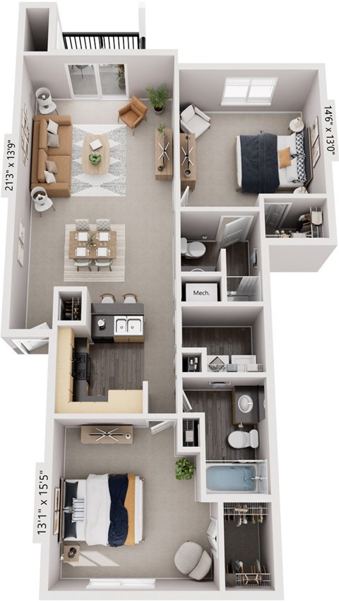 Traditional Two Bedroom 3D Floor Plan at Lynbrook Apartment Homes and Townhomes, Elkhorn, NE
