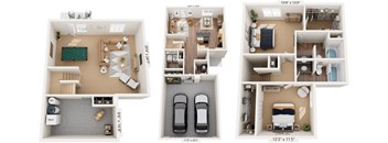 Two Bedroom Two-story 3D Floor Plan at Lynbrook Apartment Homes and Townhomes, Elkhorn, 68022