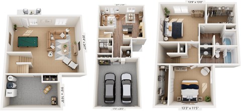 Two Bedroom Two-story 3D Floor Plan at Lynbrook Apartment Homes and Townhomes, Elkhorn, 68022