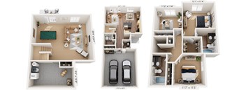 Three Bedroom Two-story 3D Floor Plan at Lynbrook Apartment Homes and Townhomes, Elkhorn
