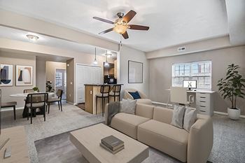 End style living room with extra windows at Lynbrook Apartments and Townhomes in Elkhorn, Nebraska