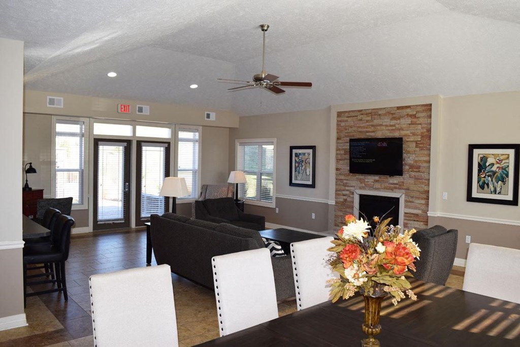 Fireplace In Clubhouse Lounge Area at Lynbrook Apartment Homes and Townhomes, Elkhorn, NE, 68022