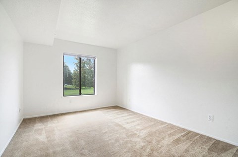 A large empty bedroom with a carpeted floor and a window at Madeira Apartments, Kalamazoo, MI