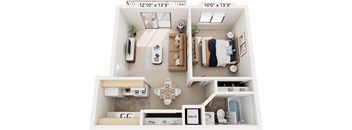 One Bedroom One Bath 3D Floor Plan at Madeira Apartments, Michigan