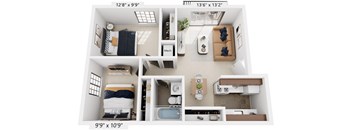 Two Bedroom One Bath 3D Floor Plan at Madeira Apartments, Michigan, 49001