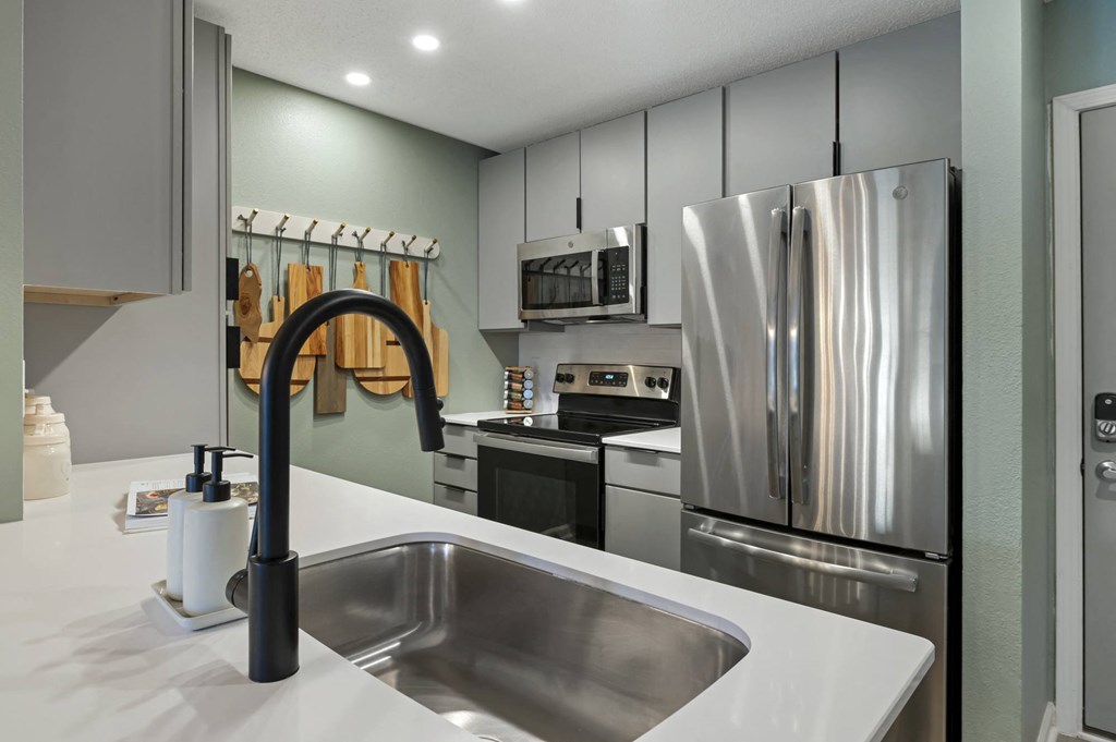 our apartments have a modern kitchen with stainless steel appliances at Latitudes Apartments, Indiana