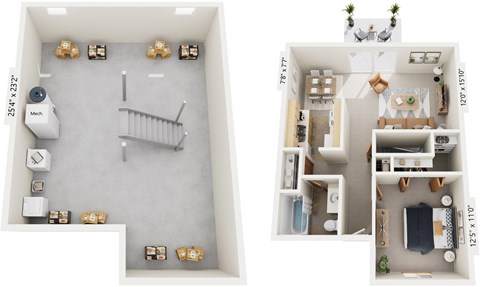 One-Bedroom Townhome 3D Floor Plan at Mount Royal Townhomes, Michigan