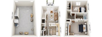 Two-Bedroom Townhome 3D Floor Plan at Mount Royal Townhomes, Michigan