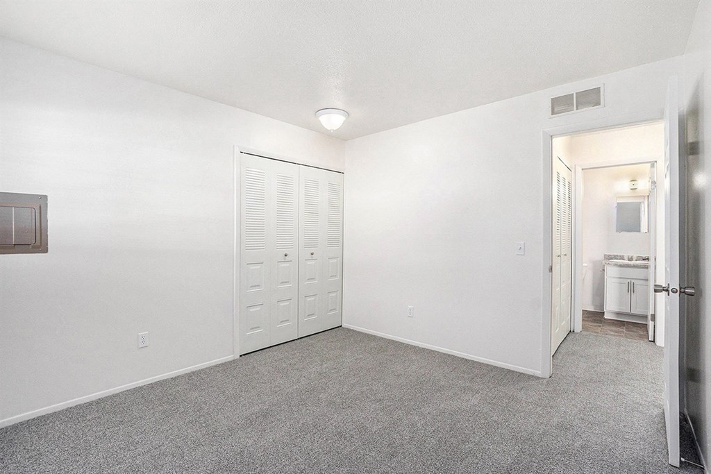 A spacious bedroom with a grey carpet and a closet at Newport Village Apartments, Portage, MI