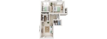 Two Bedroom One Bath 3D Floor Plan at Newport Village Apartments, Portage, MI