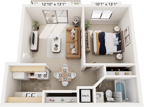 One Bedroom One Bath 3D Floor plan at Normandy Village Apartments, Michigan City, Indiana