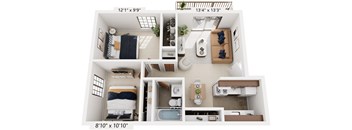 Two Bedroom One Bath 3D Floorplan at Normandy Village Apartments, Michigan City
