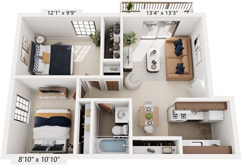Two Bedroom One Bath 3D Floorplan at Normandy Village Apartments, Michigan City