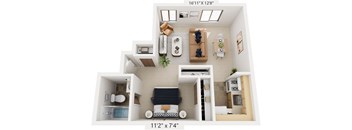 Studio 3D Floor plan at Normandy Village Apartments, Michigan City, 46360