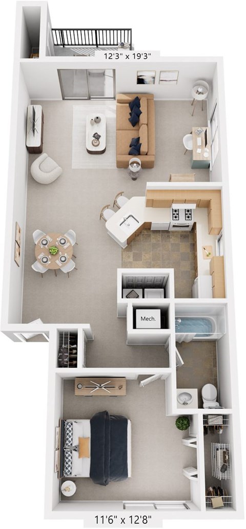 One Bedroom End 3D Floor plan at North Pointe Apartments, Indiana, 46514
