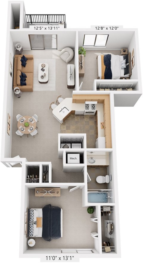 Two Bedroom, One Bath 3D Floor plan at North Pointe Apartments, Elkhart, IN