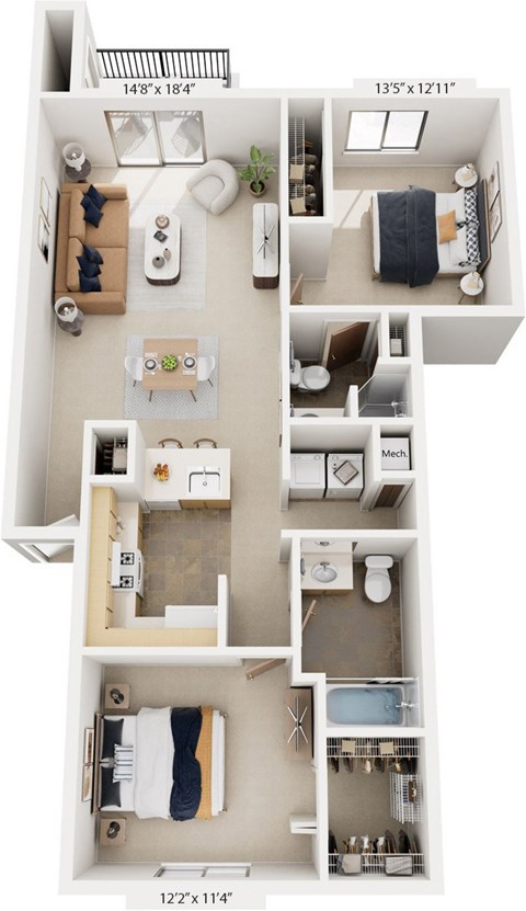Two Bedroom, Two Bath 3D Floor plan at North Pointe Apartments, Elkhart, 46514