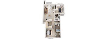 Two Bedroom 3D Floor Plan at Oak Shores Apartments, Wisconsin