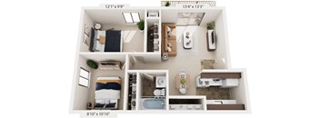 Two Bedroom 3D Floor Plan at Old Farm Apartments, Elkhart, 46517