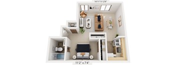 Studio 3D Floor Plan at Old Farm Apartments, Elkhart, IN, 46517
