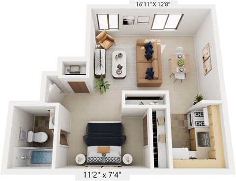 Studio 3D Floor Plan at Old Farm Apartments, Elkhart, IN, 46517