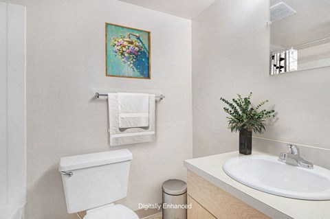 a bathroom with a toilet and a sink and a mirror at Old Farm Apartments, Elkhart, 46517