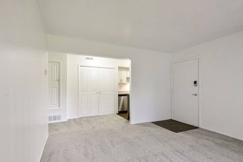 A white dining room with a carpeted floor and a large closet at Old Monterey Apartments, Missouri, 65807