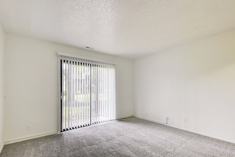 A living room with a sliding glass door and carpeted floor at Old Monterey Apartments, Missouri, 65807