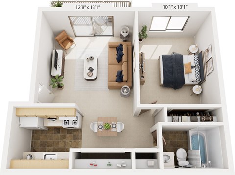 Spanish One Bedroom One Bathroom 3D Floor Plan at Old Monterey Apartments, Missouri, 65807
