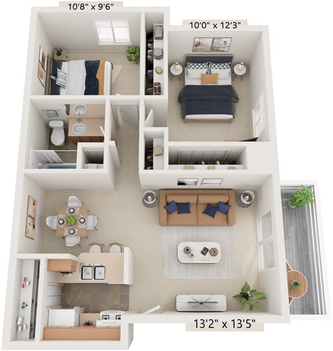 Alpine Two Bedroom 3D Floor Plan at Old Monterey Apartments, Springfield, MO