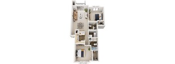 Two bedroom two bathroom 3D floor plan at Orchard Lakes Apartments, Toledo, Ohio