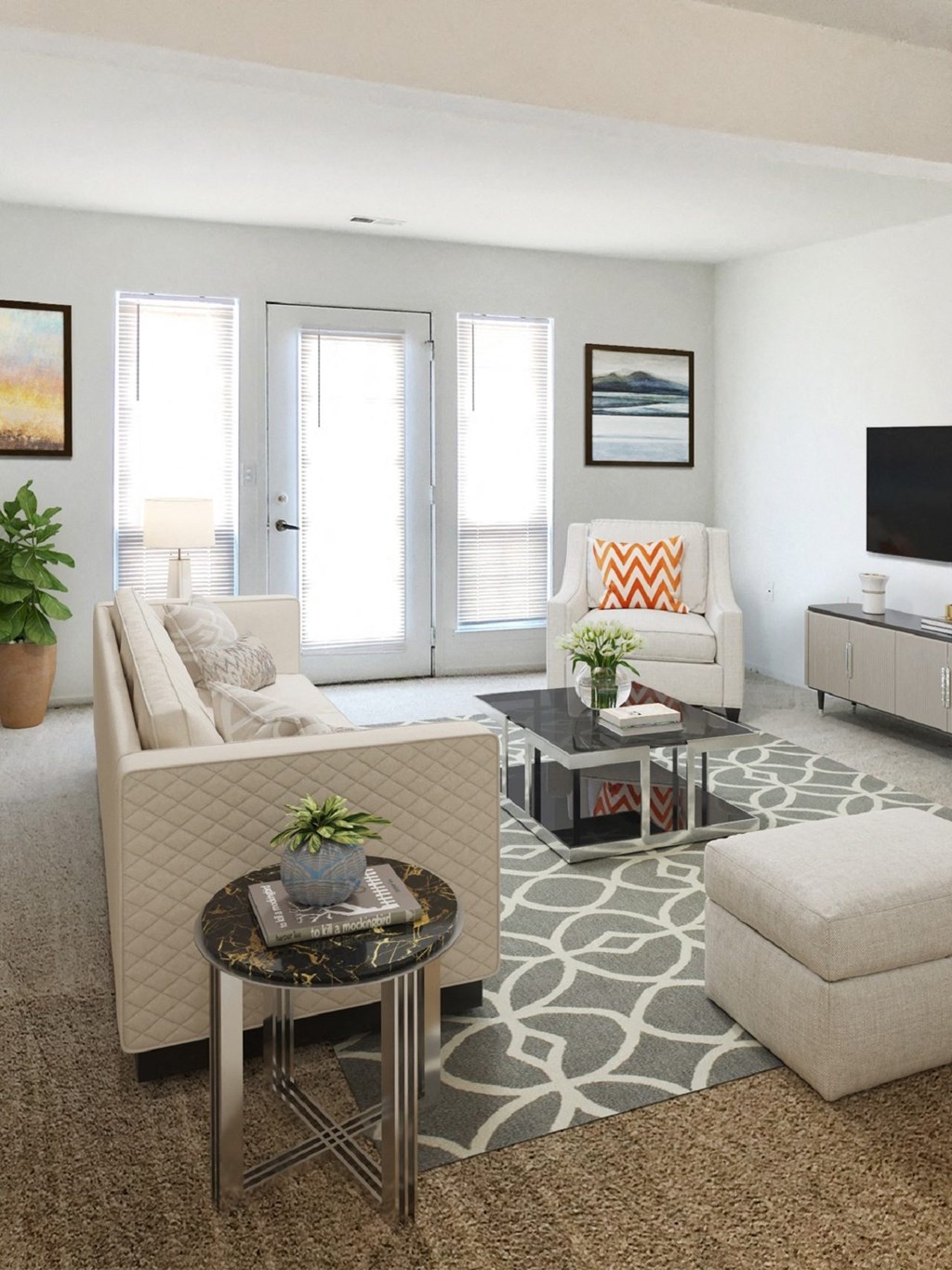 a living room with white furniture and a gray and white rug  at Northport Apartments, Michigan