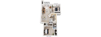Two Bedroom, One Bath 3D Floor Plan at Pine Knoll Apartments, Michigan