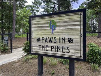 A sign that says "Paws in the Pines" is displayed in front of a fence.